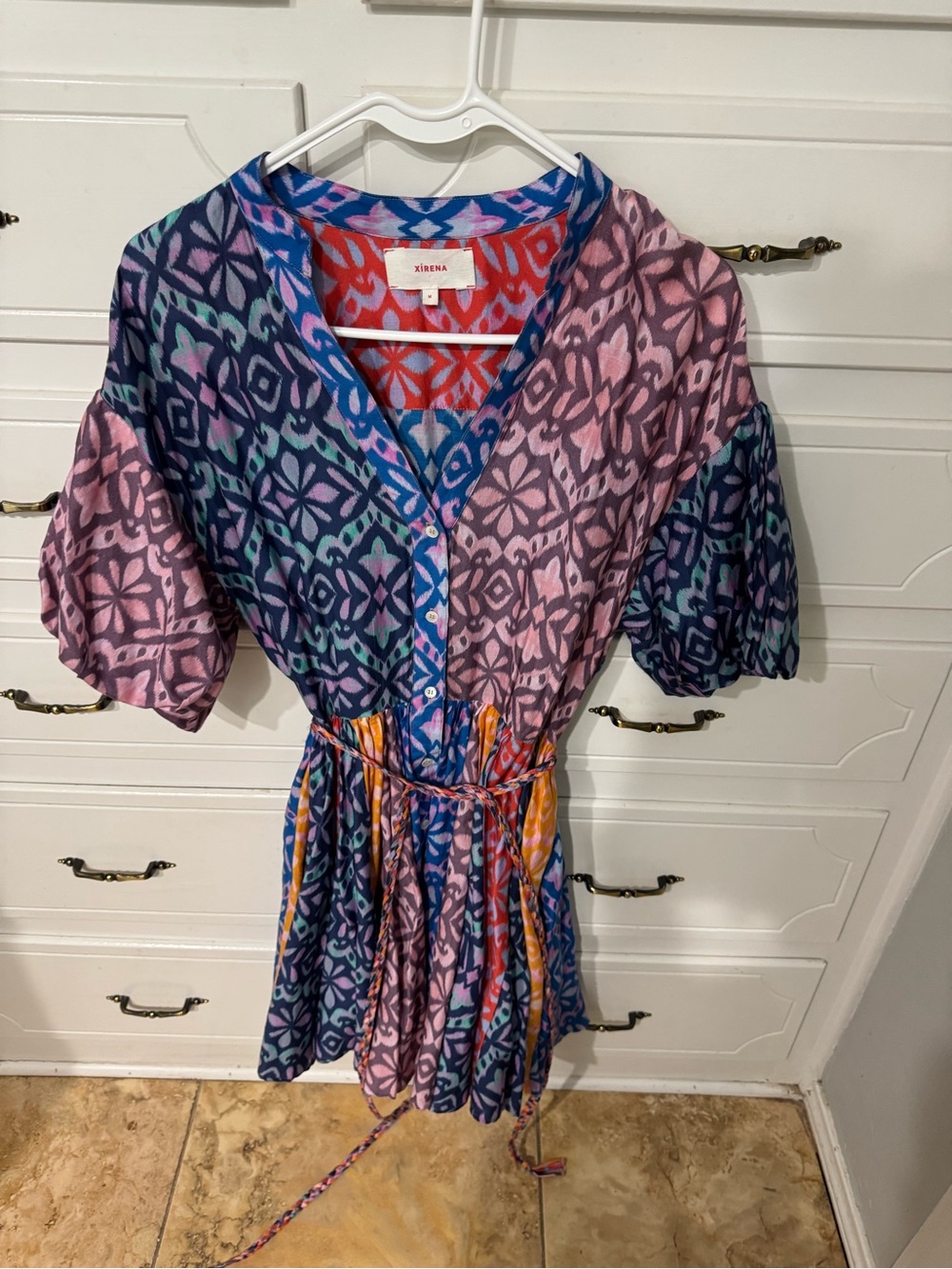 XiRENA Multicolor Ikat Print Button-Front Dress in Blue, Pink and Red